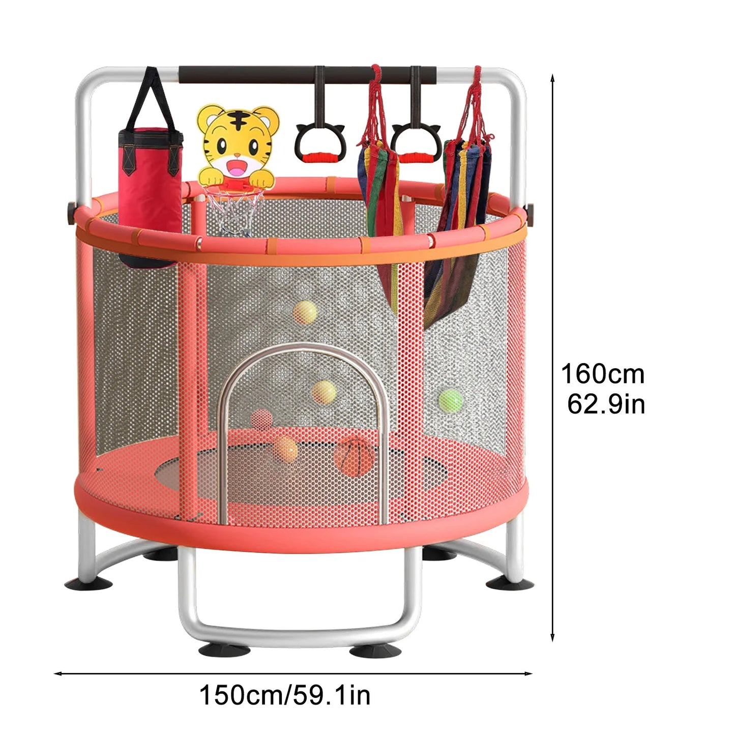 Kids Adjustable Trampoline With Basketball Hoop And Safety Enclosure Net