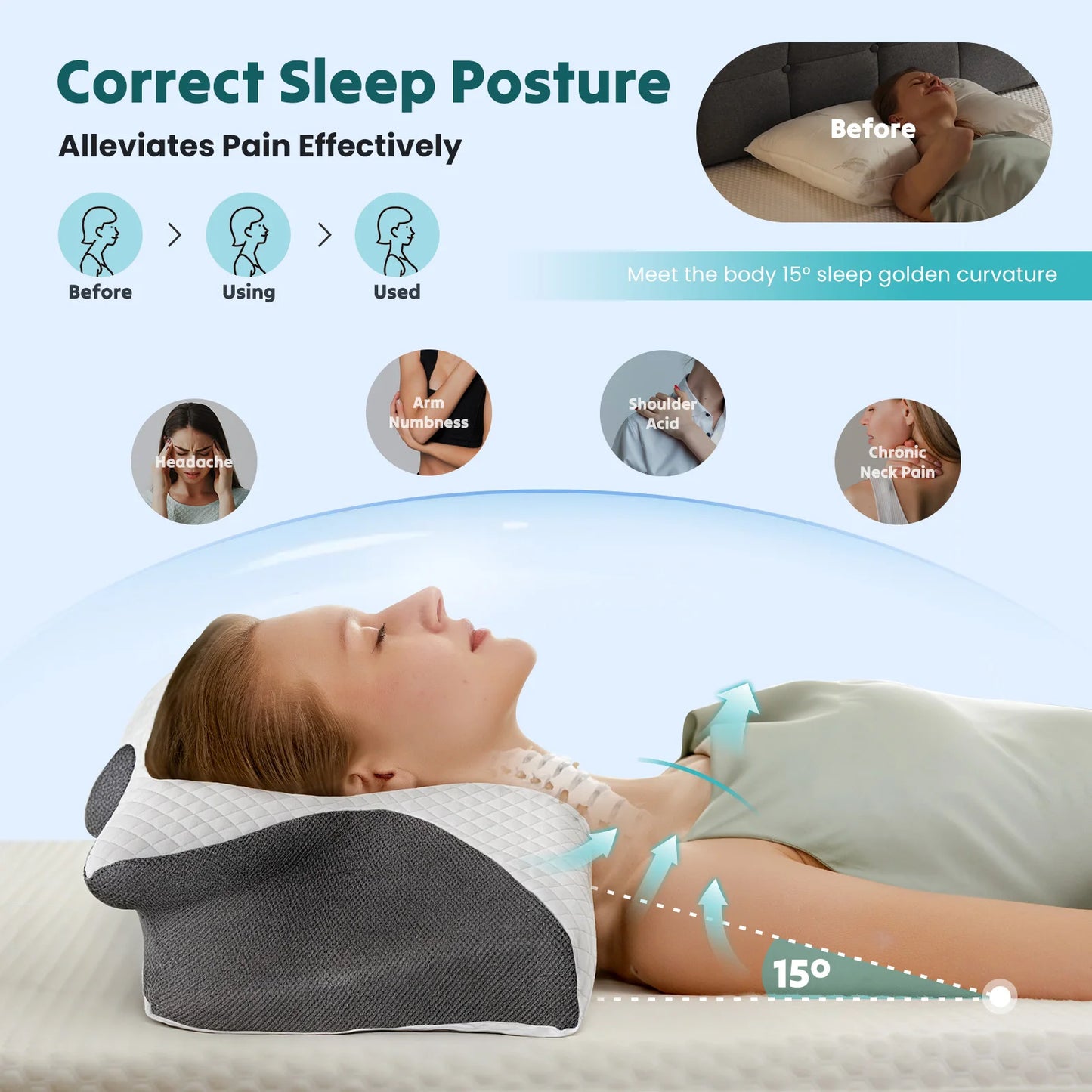 JHK Ergonomic Cervical Memory Foam Neck Pillow with Cooling Pillowcase