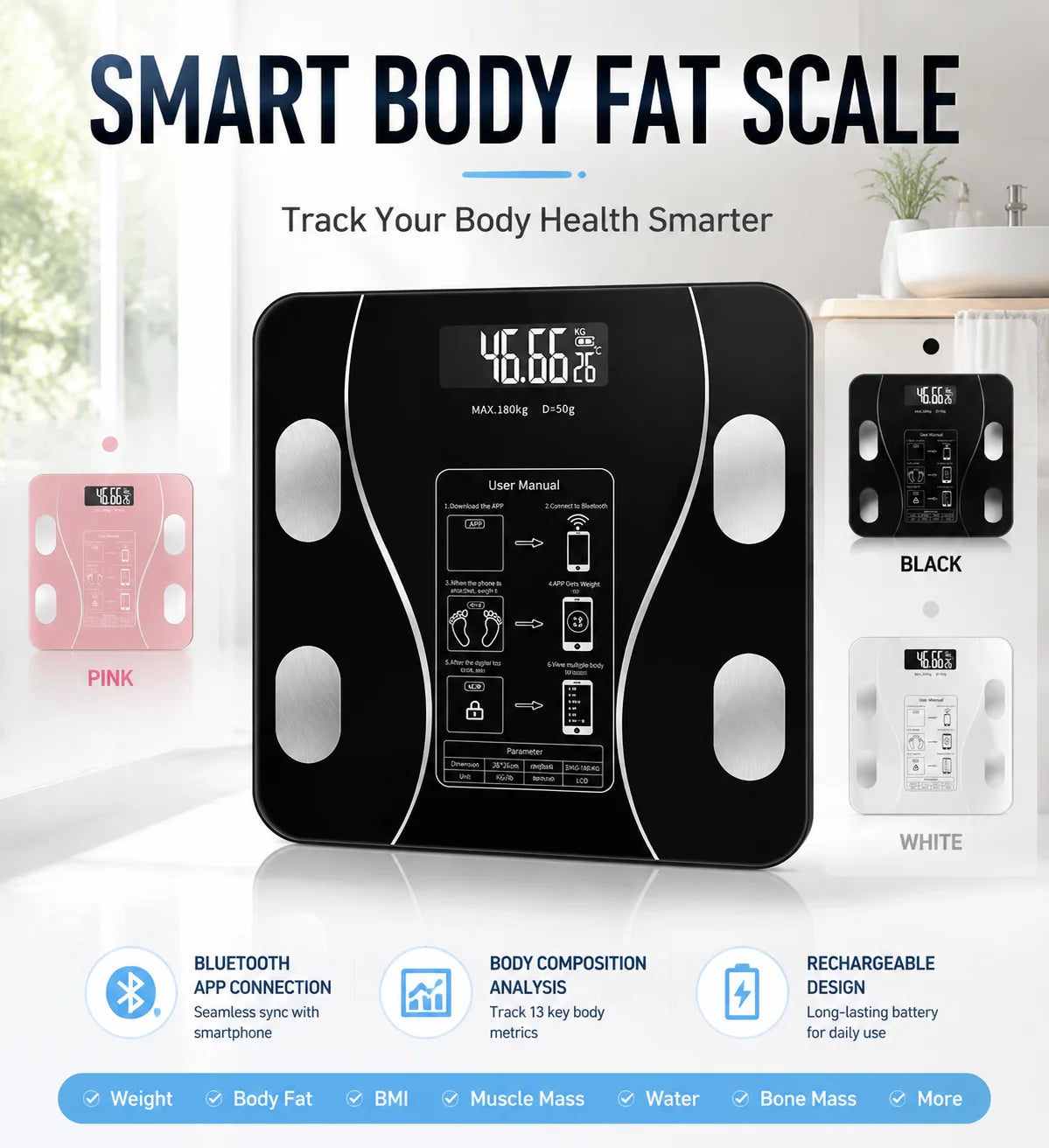 Smart Bluetooth Body Fat Scale Featuring App Integration And Tracking