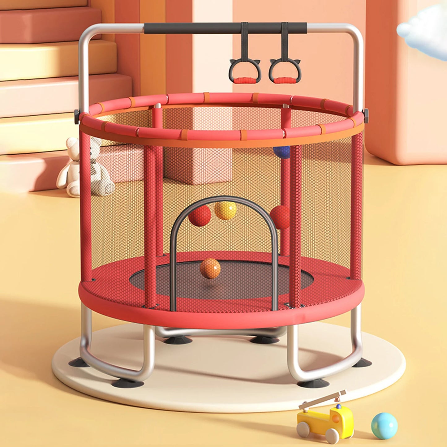 Kids Adjustable Trampoline With Basketball Hoop And Safety Enclosure Net