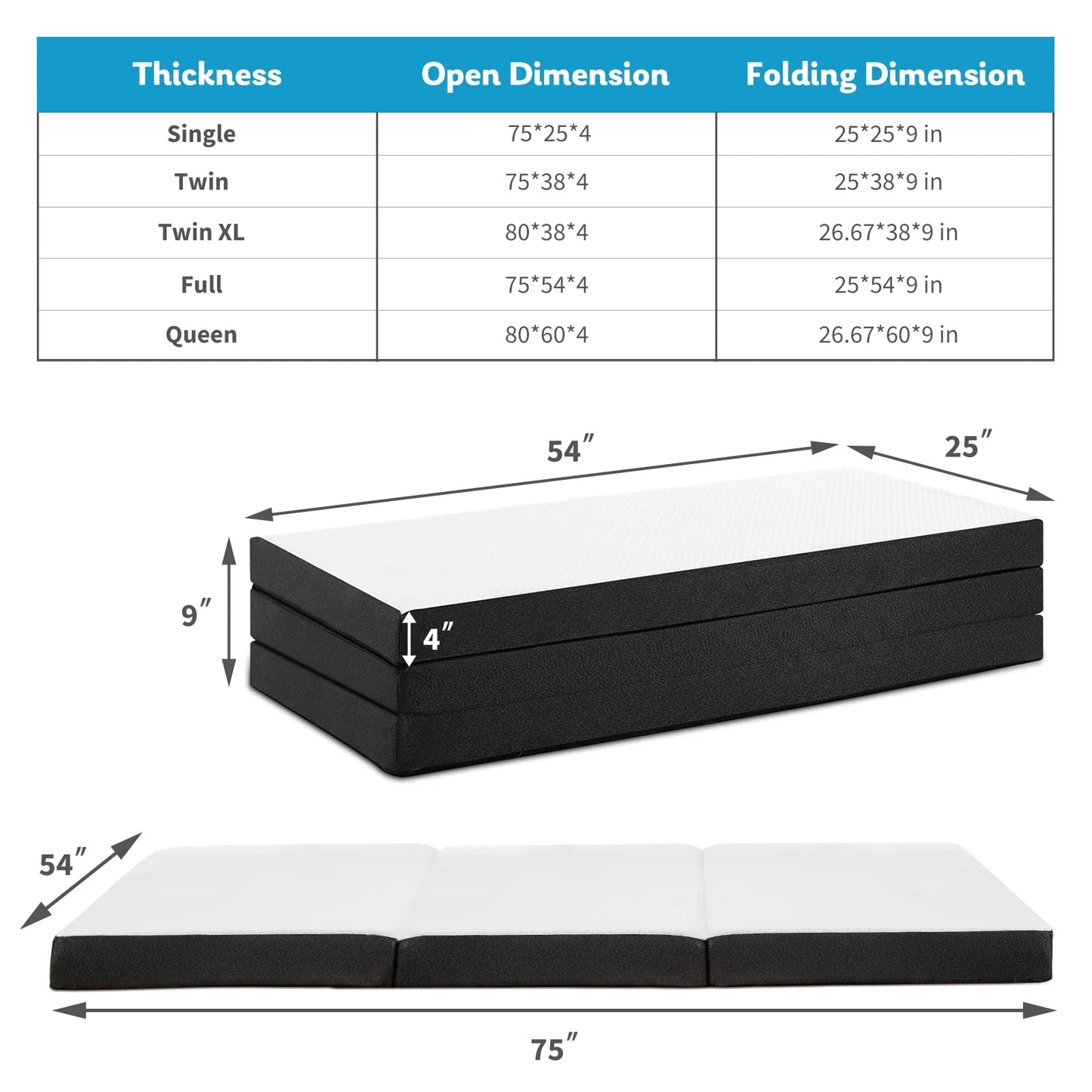 JHK Three Fold Portable Memory Foam Floor Bed