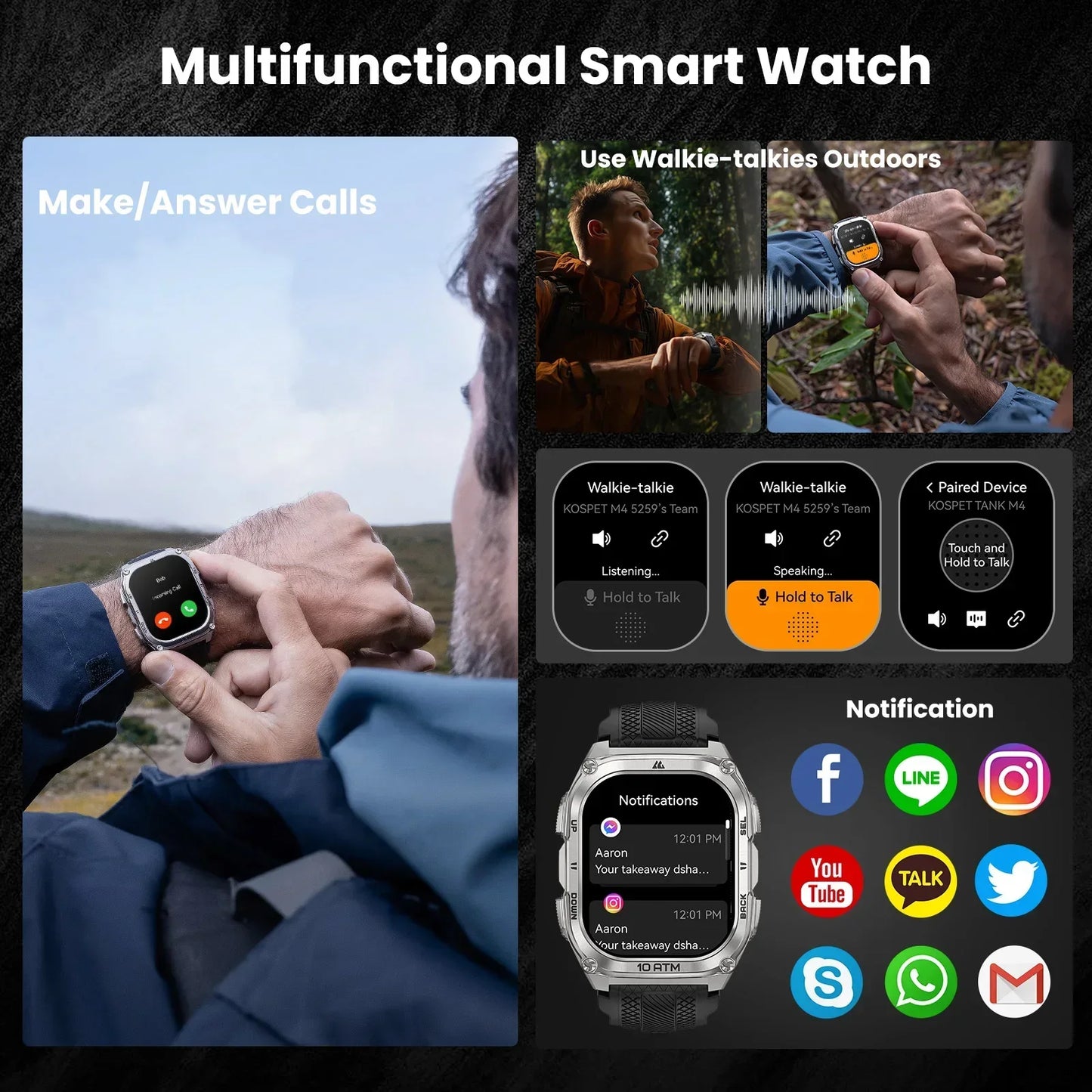 KOSPET Tank M4 Smartwatch Waterproof GPS Health Monitor Android iOS