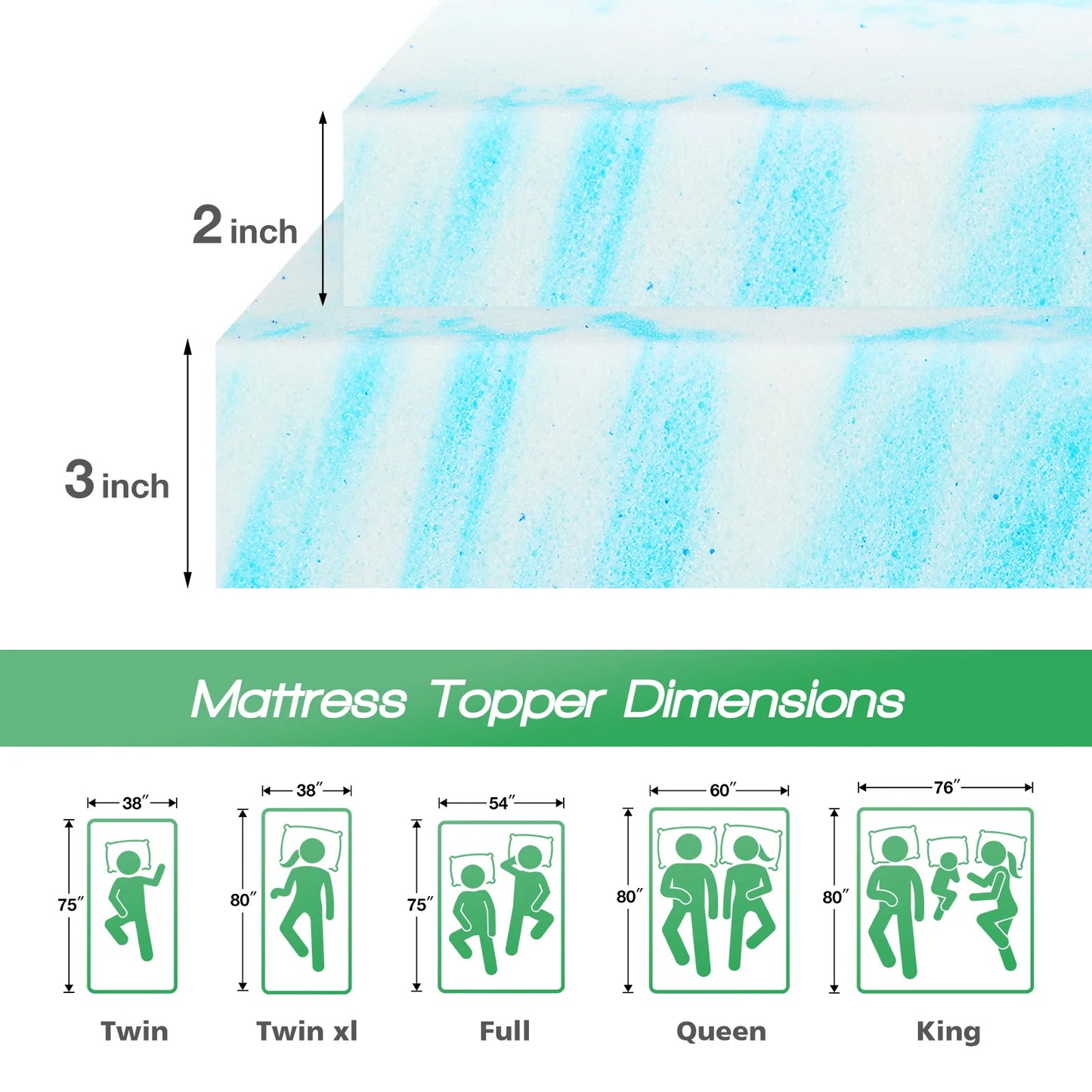 JHK 2 Inch Gel Memory Foam Mattress Topper Cooling