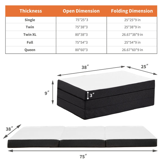 JHK Three Fold Portable Memory Foam Floor Bed