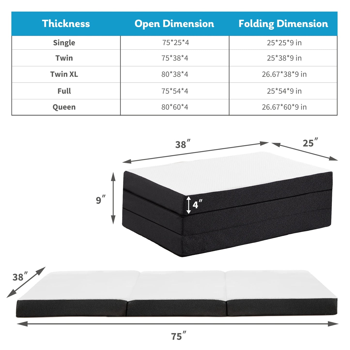 JHK Three Fold Portable Memory Foam Floor Bed