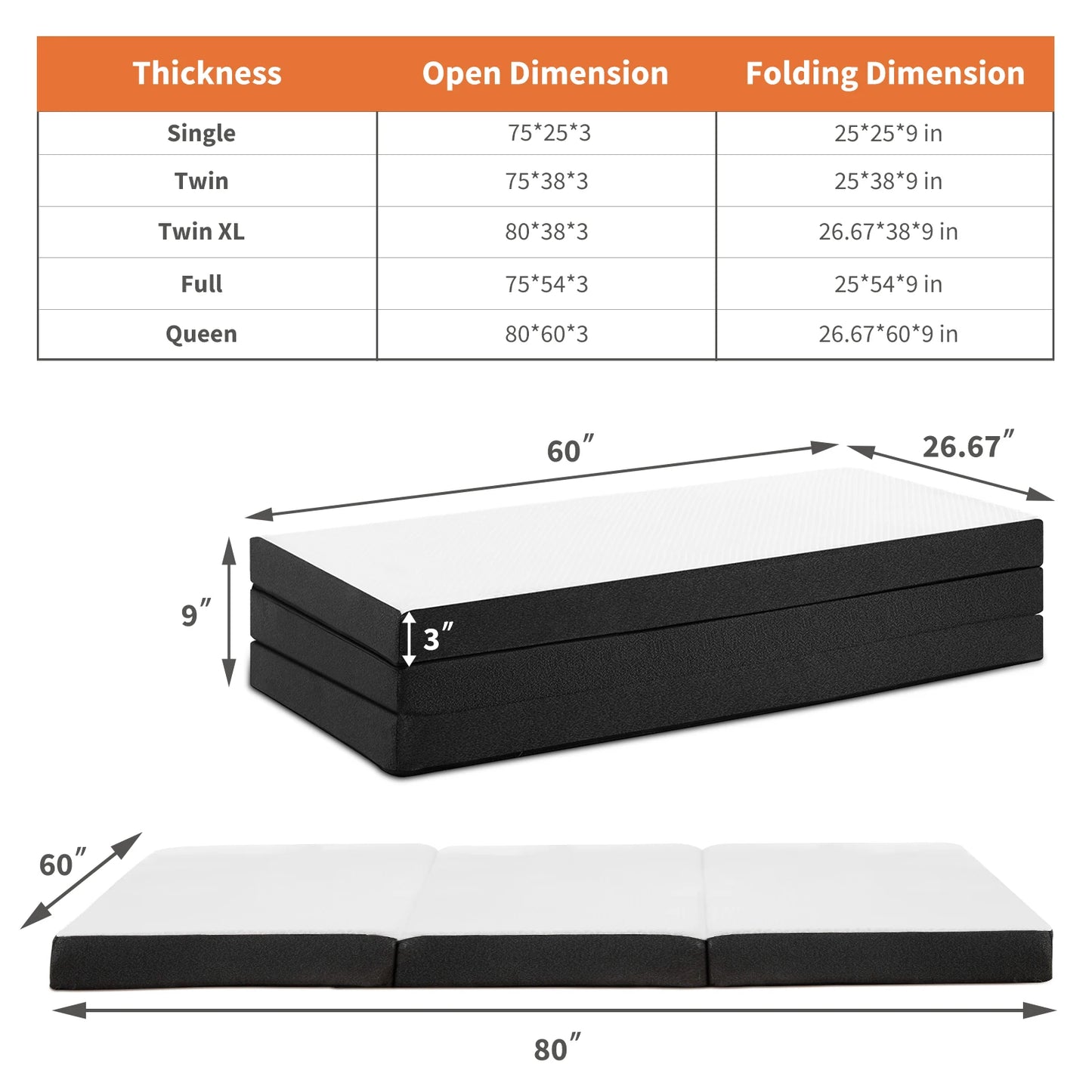 JHK Three Fold Portable Memory Foam Floor Bed