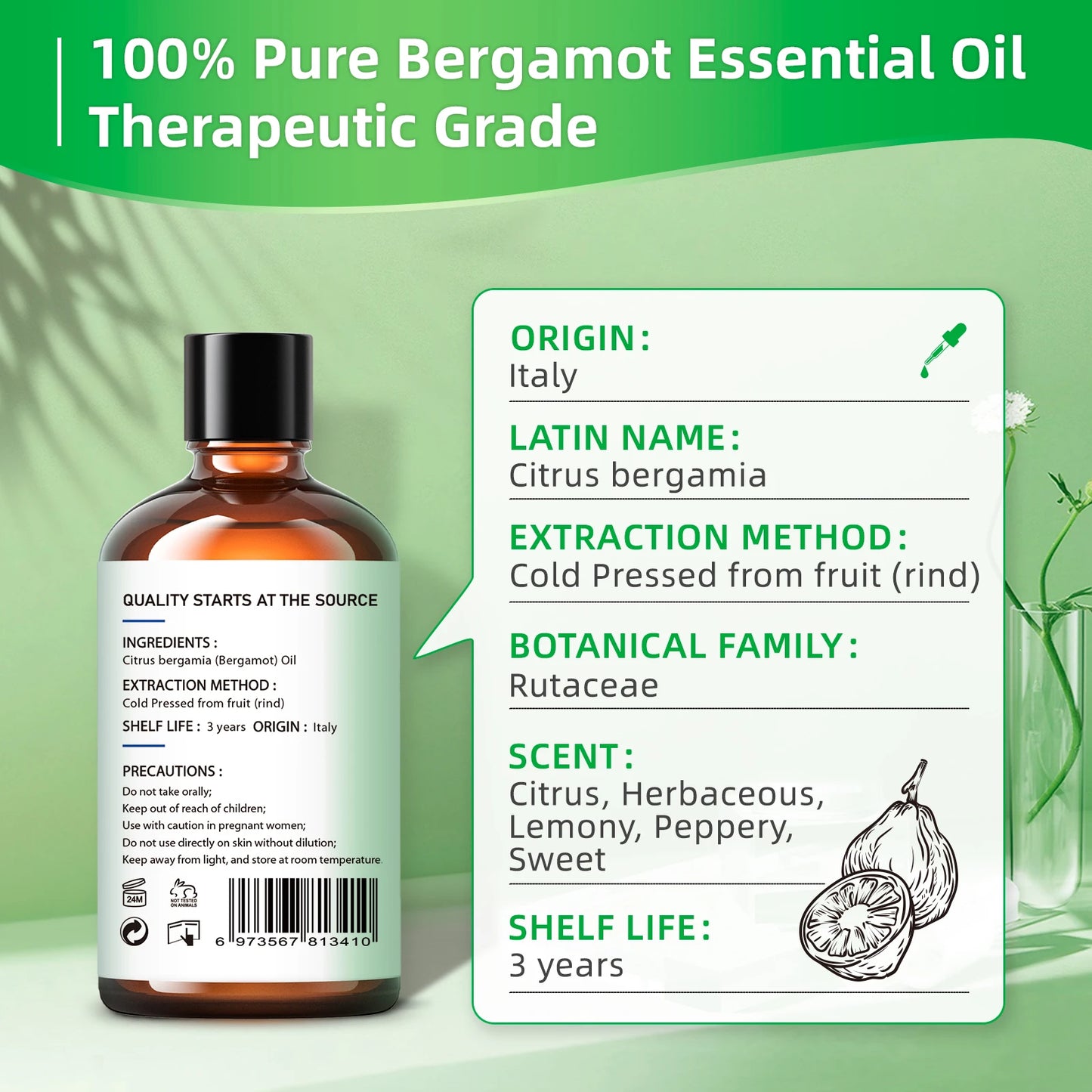 Hiqli 100ml Pure Bergamot Essential Oil For Aromatherapy