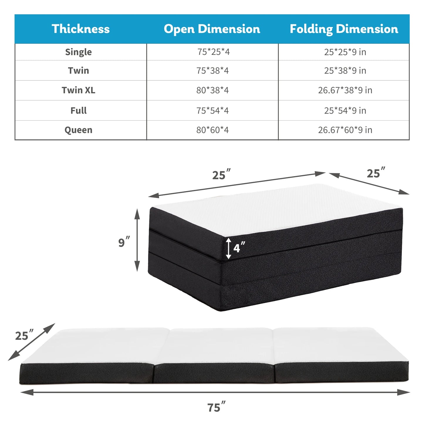 JHK Three Fold Portable Memory Foam Floor Bed