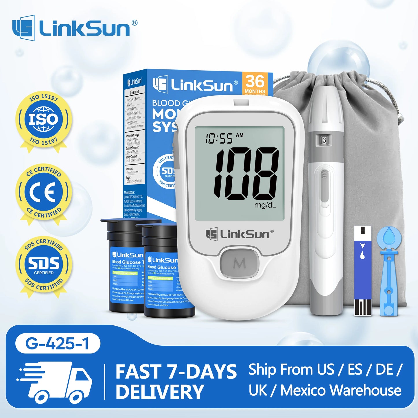 Linksun Blood Glucose Monitor With Test Strips And Lancing Device