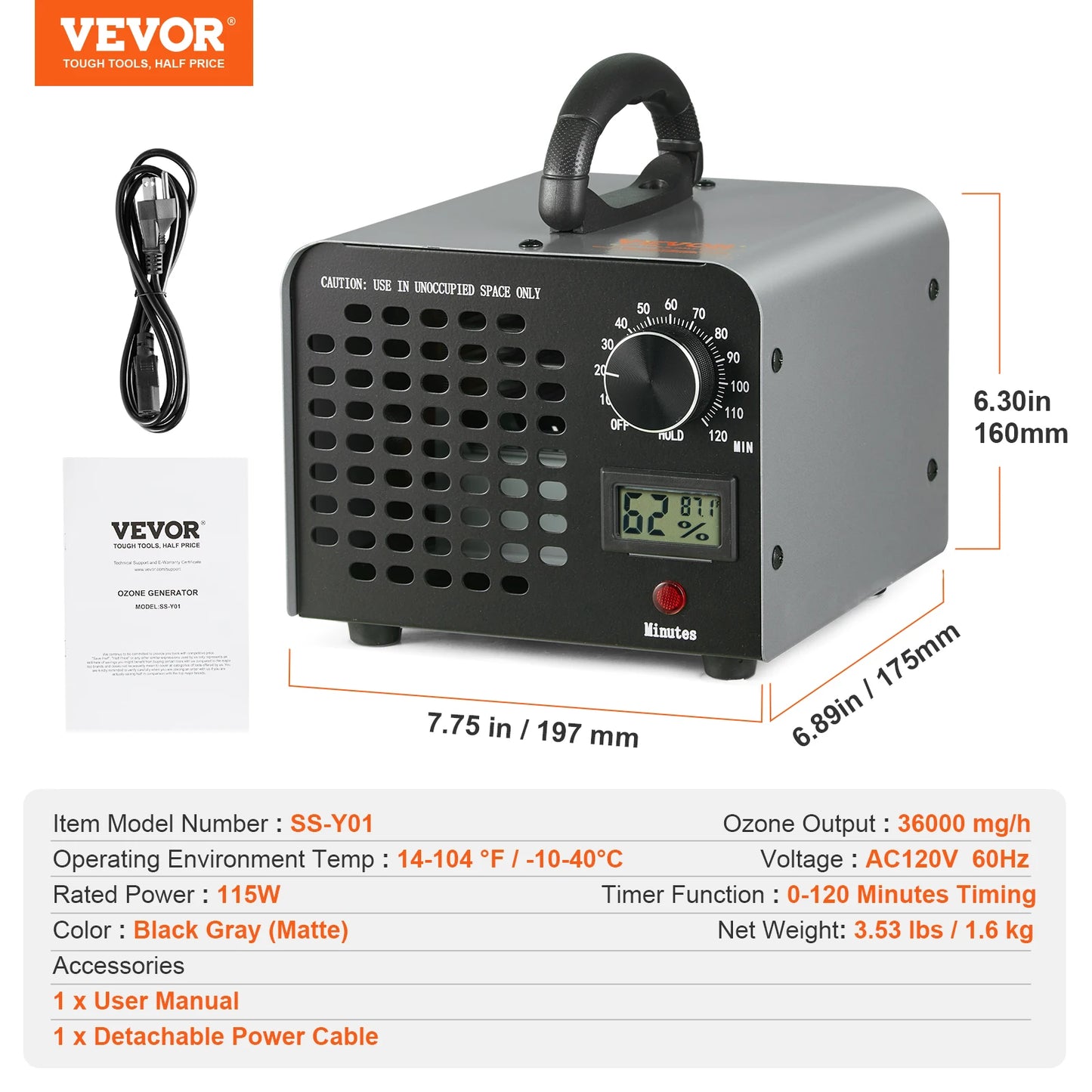 VEVOR High Capacity Commercial Industrial Ozone Generator Odor Remover Unit