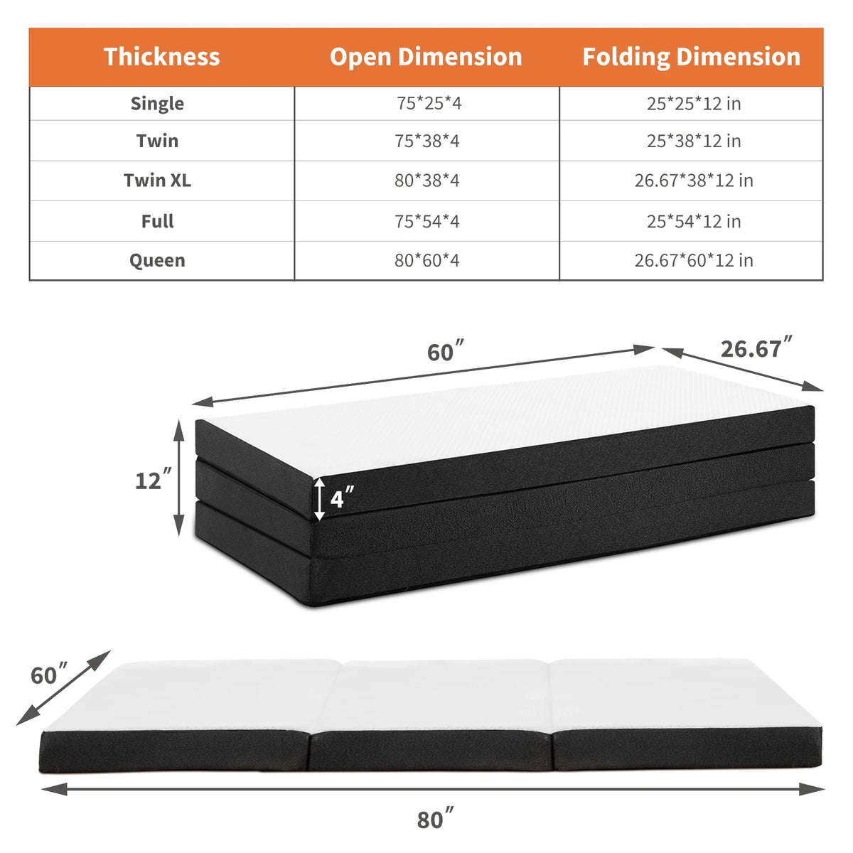 JHK Tri Fold Memory Foam Mattress With Washable Cover Portable Bed