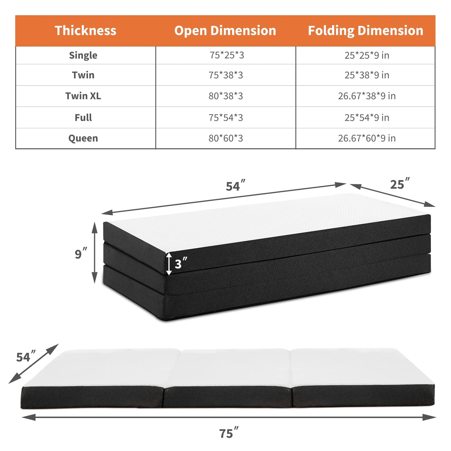 JHK Three Fold Portable Memory Foam Floor Bed